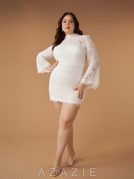 Azazie Dresses & Skirts - Azazie White Lace High-Neck Mini Dress with Bell Sleeves